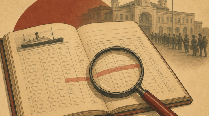 Illustration of an Ellis Island passenger manifest being examined