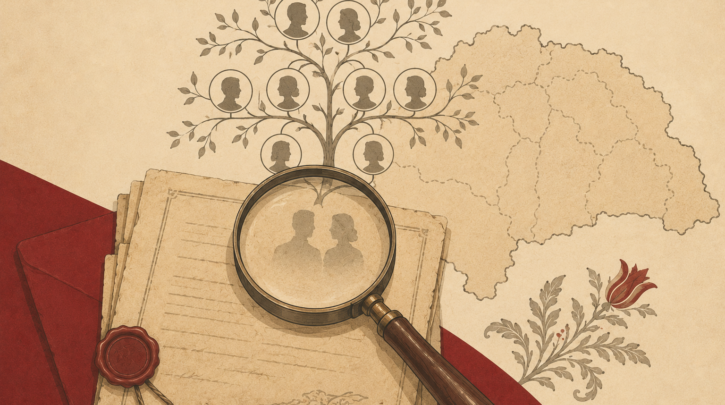 Illustration of tracing a Hungarian family tree from an old document