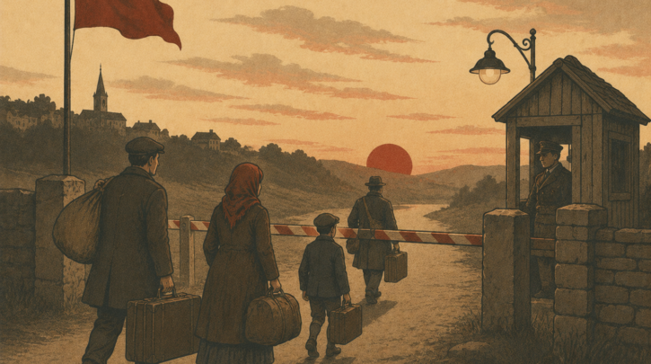 Illustration of Hungarian refugees fleeing after the 1956 revolution