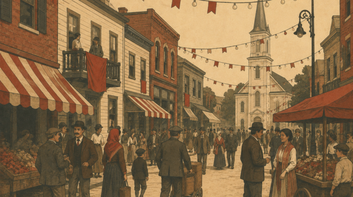 Illustration of a historic Hungarian-American immigrant neighborhood