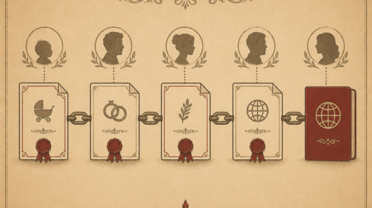 Illustration of a chain of documents representing generations of Hungarian citizenship by descent
