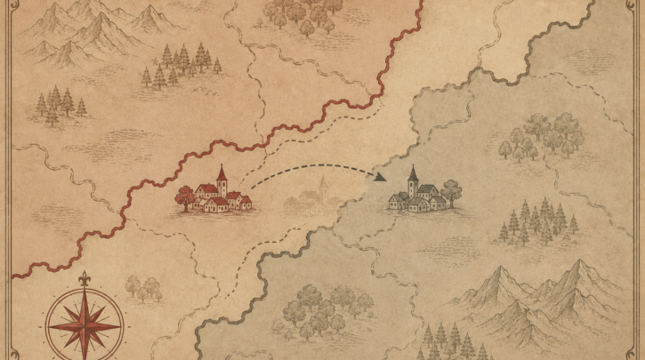 Illustration of a Hungarian village's border changing after the Treaty of Trianon
