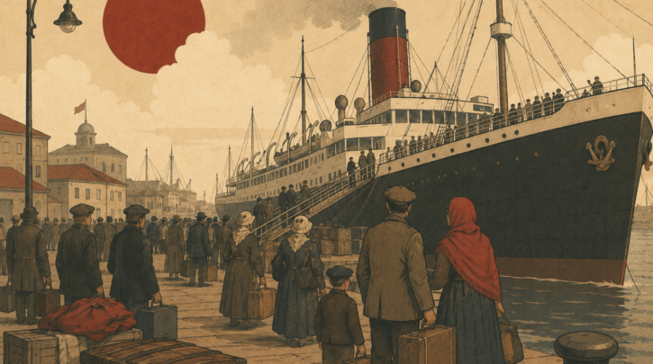 Illustration of emigrants departing from the port of Fiume