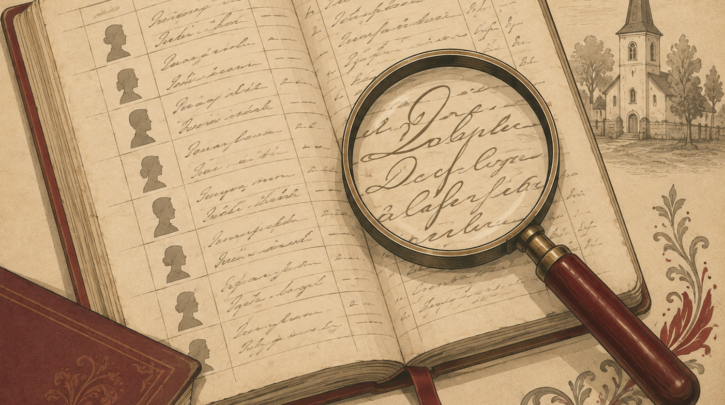 Illustration of reading old Hungarian, Latin, and German genealogy records