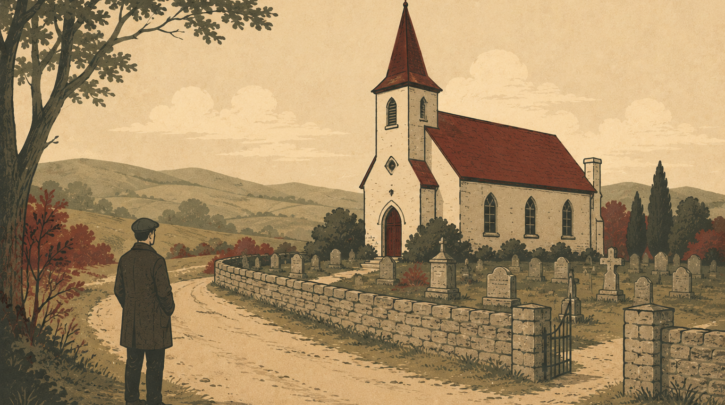 Illustration of visiting an ancestral Hungarian village church and cemetery