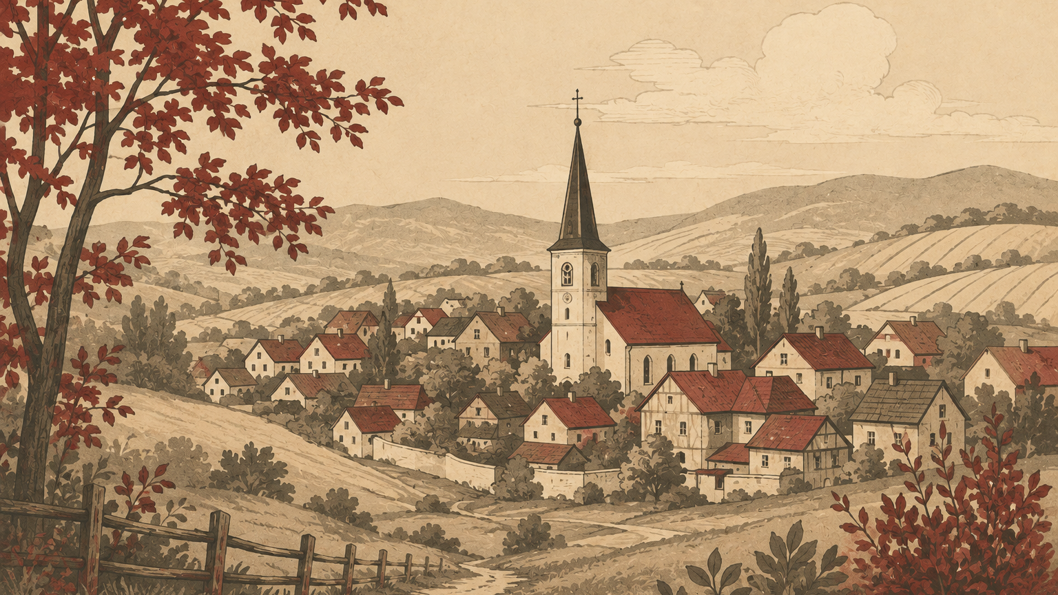 Illustration of a traditional Hungarian ancestral village