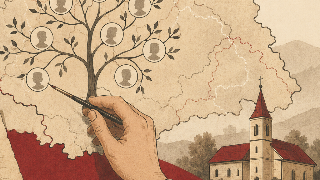 Illustration of a Hungarian family tree traced across the changed borders of the historic Kingdom of Hungary
